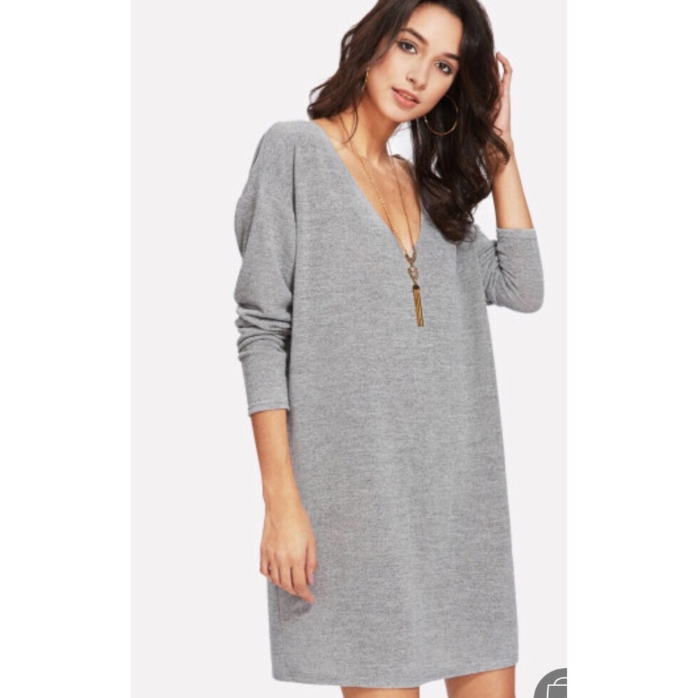 SHEIN Gray Marled Knit Drop Shoulder V-Neck Long Sleeve Shift Tee Dress Small